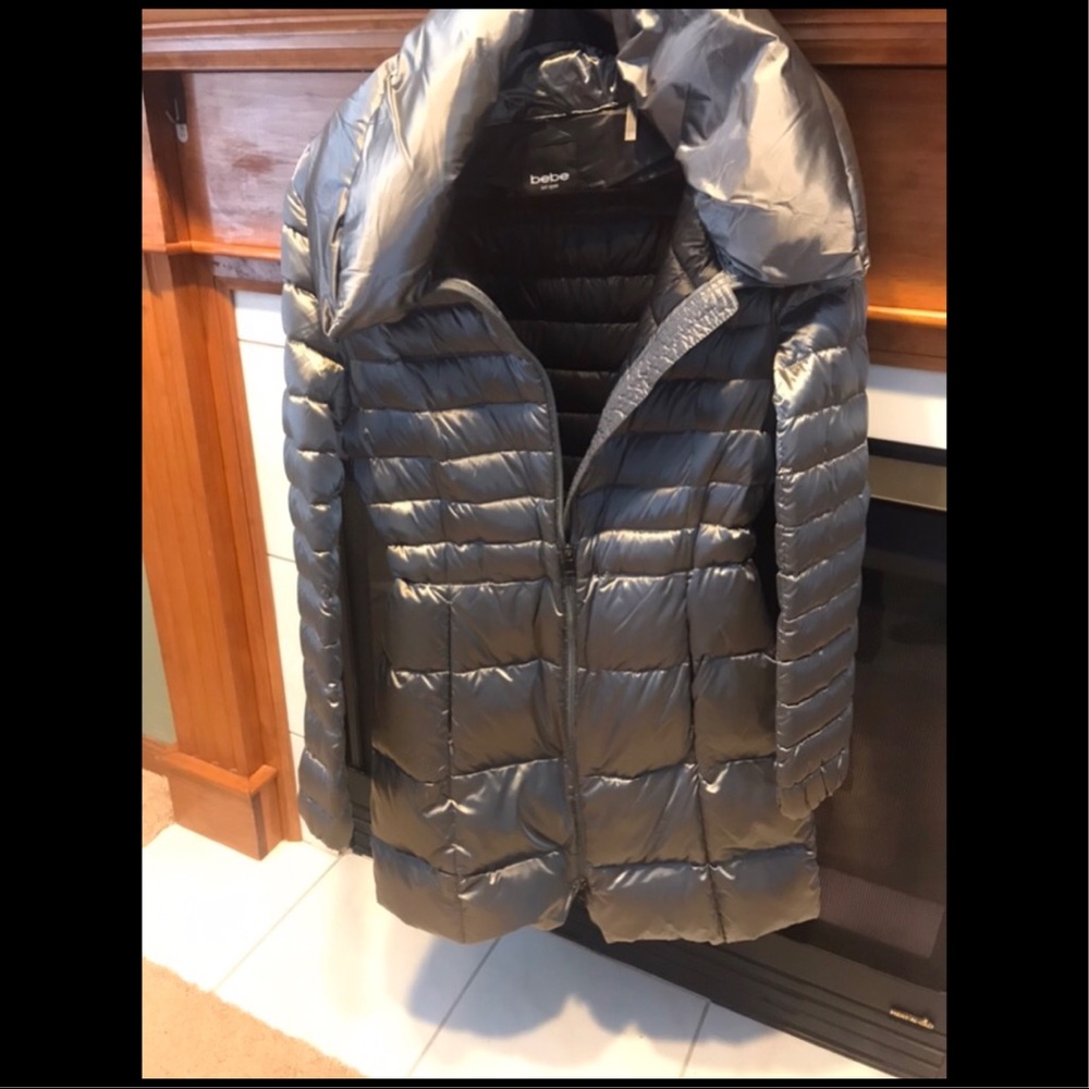 EUC Bebe Silver Long Puffer Down Jacket Sz Medium